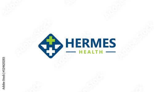 illustration vector graphic logo design. pictogram logo combination negative space letter H, medical cross sign, and wings in green and blue colour