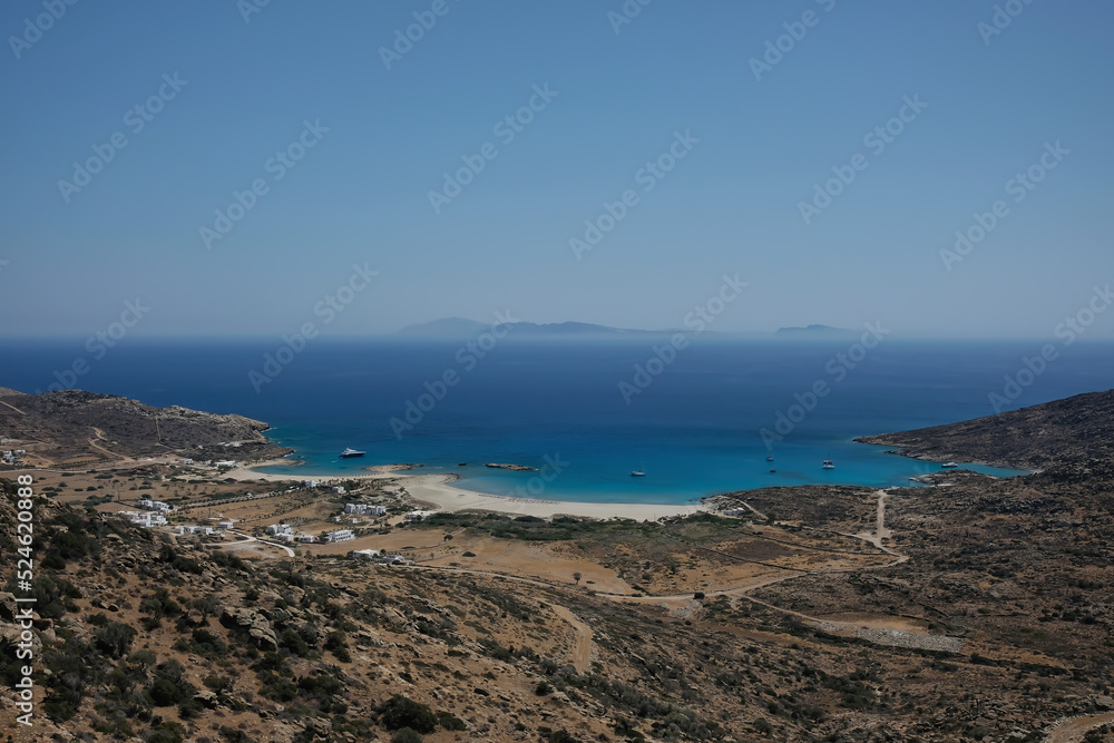 Panoramic view of the beautiful beach of Manganari  on the island of Ios Greece