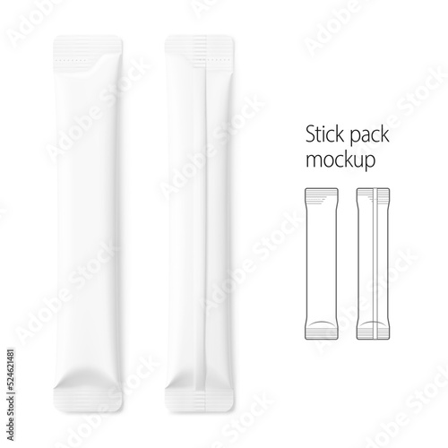 Blank stick pack mockup. Front and back view. Vector illustration isolated on white background. Can be use for food, medicine, cosmetic and etc. EPS10.	