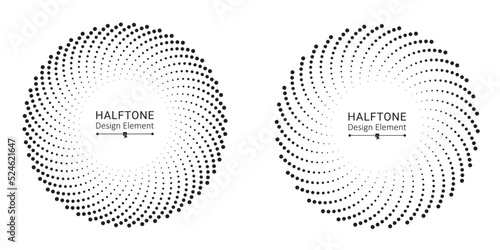 Halftone circular spiral logo set. Circular dotted isolated on the white background. Halftone fabric design. Halftone circle dots texture. Vector design element for various purposes.