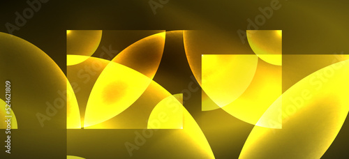 Abstract background with neon glowing light effects. Round shapes, triangles and circles. Wallpaper for concept of AI technology, blockchain, communication, 5G, science, business and technology