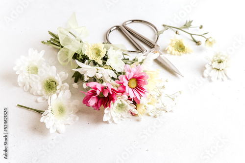 Making beautiful bouquet at flower shop. Bouquet of different flowers
