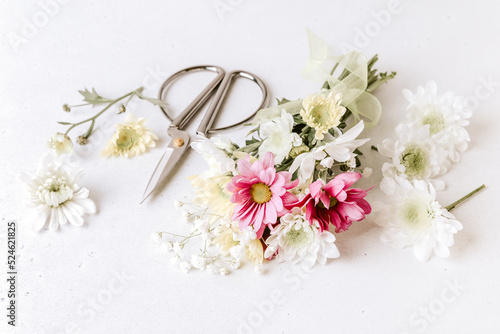 Making beautiful bouquet at flower shop. Bouquet of different flowers