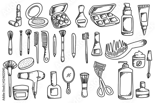Beauty makeup outline doodle set