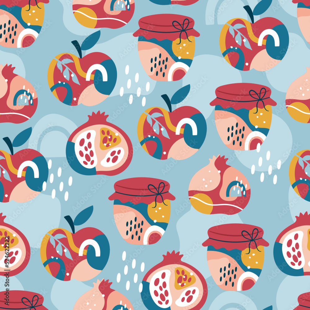 Jewish holiday Rosh Hashanah seamless pattern background. Honey jar, apple and pomegranate with abstract shapes creative concept. Jewish holiday Rosh Hashanah seamless pattern background. Honey jar, apple and pomegranate with abstract shapes creative concept.