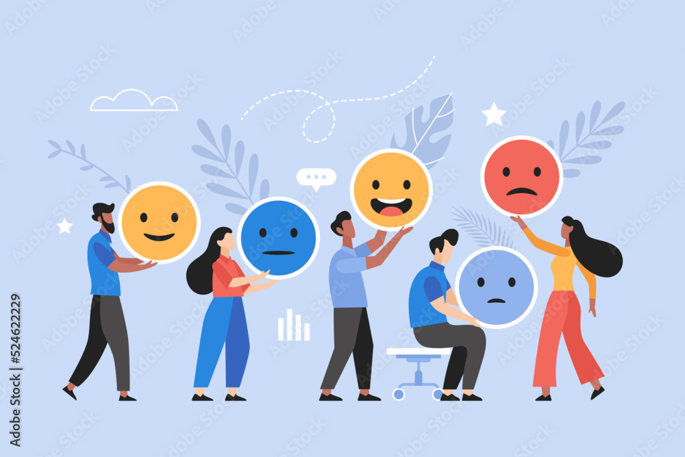 Customer feedback, user experience or client review rating business concept. Modern vector illustration of people holding emoji and smiley icons - obrazy, fototapety, plakaty 