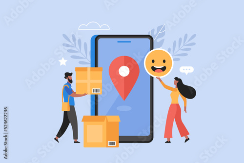 Online delivery service business concept. Modern vector illustration of people receiving packages and giving feedback