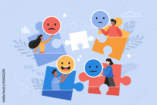 Customer feedback, user experience or client review rating business concept. Modern vector illustration of people team holding emoji and smiley icons with puzzle jigsaw elements