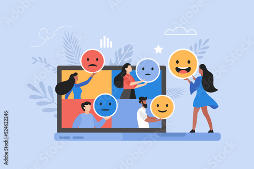 Online customer feedback, user experience or client review rating business concept. Modern vector illustration of people holding emoji and smiley icons with computer laptop