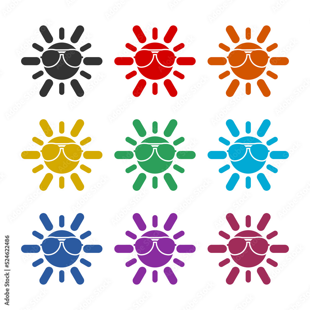 Sun character wearing sunglasses icon. Set icons colorful Sun character wearing sunglasses icon. Set icons colorful