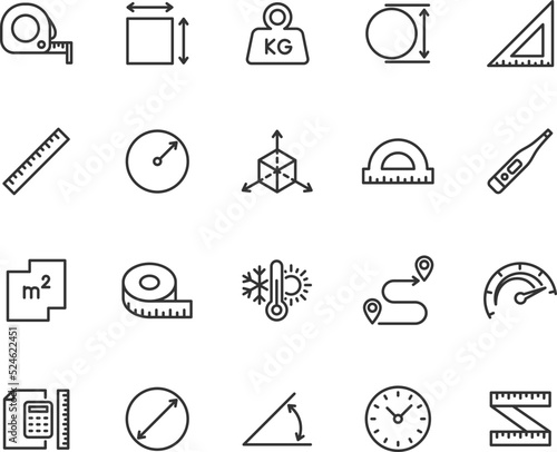 Vector set of measuring line icons. Contains icons area, measuring tape, radius, diameter, axis, weight, speed, temperature and more. Pixel perfect.