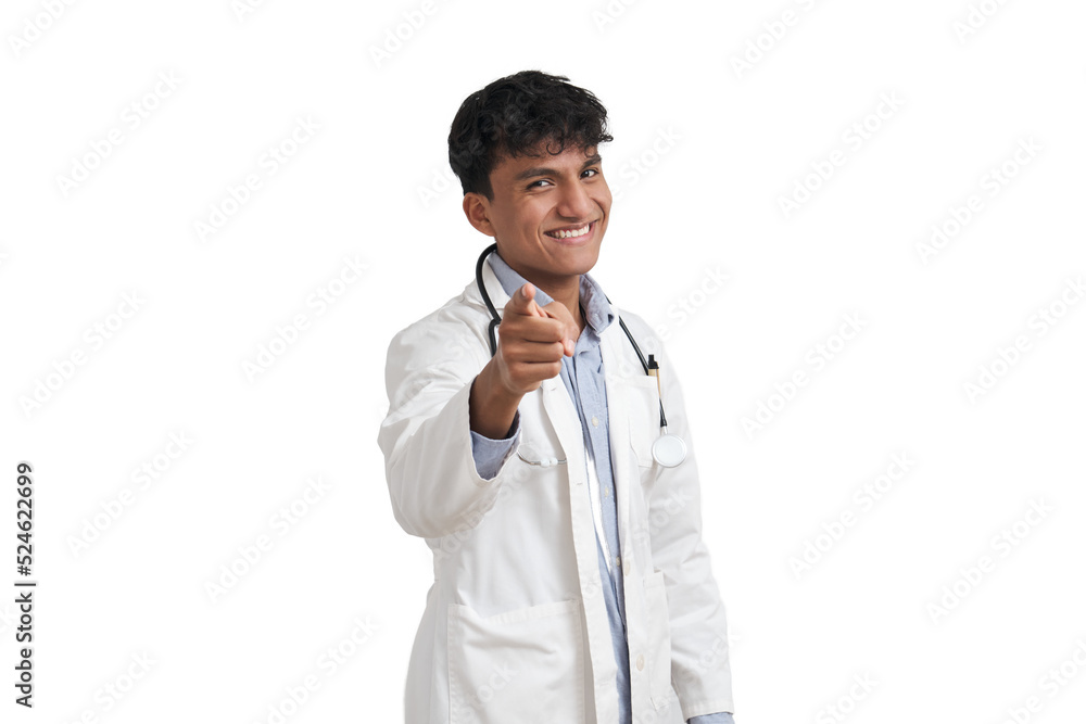 Portrait of a young peruvian male doctor smiling and pointing at camera. Isolated over white background. Portrait of a young peruvian male doctor smiling and pointing at camera. Isolated over white background.