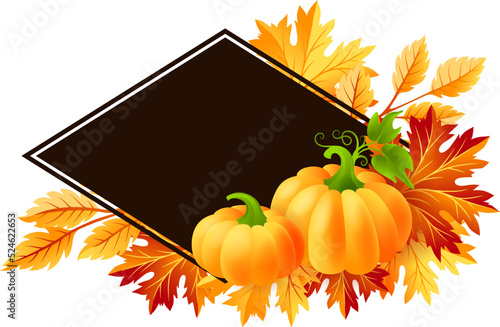 Autumn pumpkin with fall maple tree leaves frame