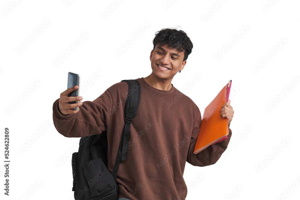 Young peruvian student taking a selfie with folders and backpack. Isolated over white background. Young peruvian student taking a selfie with folders and backpack. Isolated over white background.