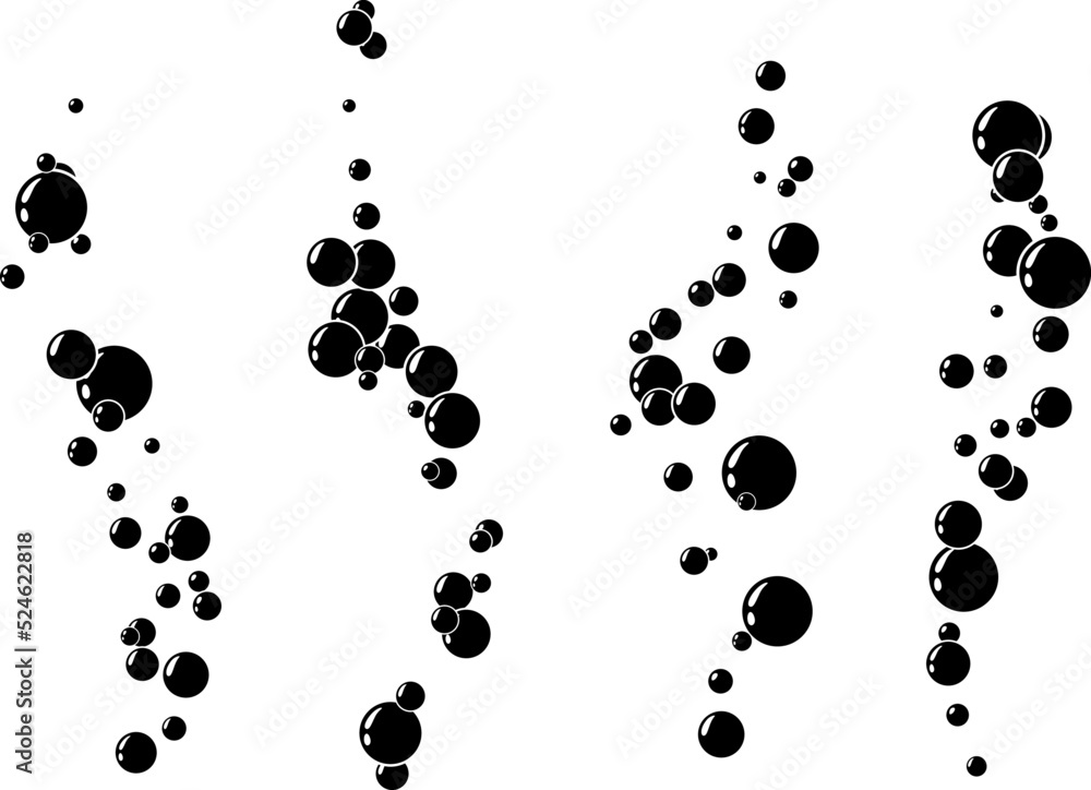 Underwater air bubbles decoration elements. Fizzy water or soap foam texture. Vector isolated silhouette design element. Vertical wavy streams collection
