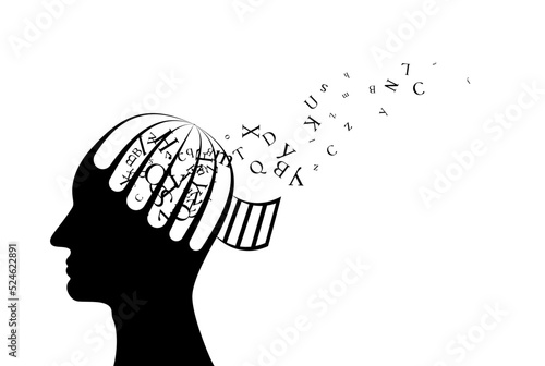Man with head from cage with flying up letters. Vector decoration from scattered elements. Monochrome isolated silhouette. Conceptual illustration.
