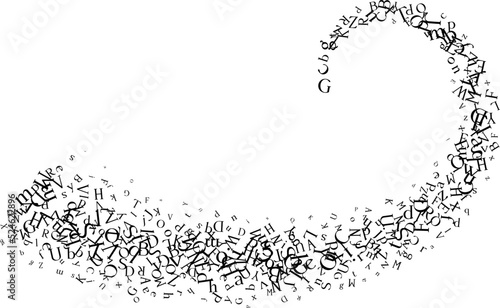Curve line from flying letters. Vector decoration from scattered elements. Monochrome isolated silhouette. Conceptual illustration.