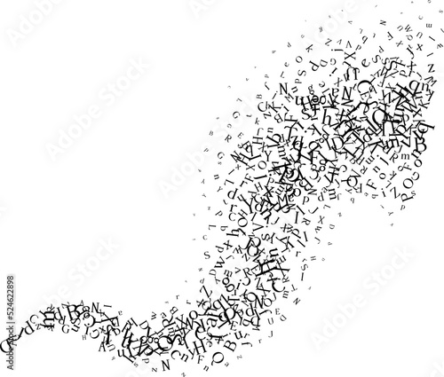 Curve line from flying letters. Vector decoration from scattered elements. Monochrome isolated silhouette. Conceptual illustration.