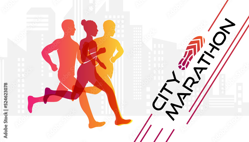 Fototapeta premium Colorful silhouettes of running people. Conceptual vector illustration of marathon. Sport background with mans and womans in active lifestyle.