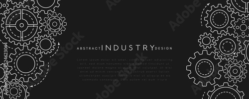 Technology abstract background from gearwheels composition. Horizontal dark banner for teamwork, industrial, communication or automation conceptual design.