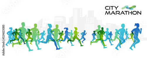 Colorful silhouettes of running people. Conceptual vector illustration of marathon. Sport background with mans and womans in active lifestyle.