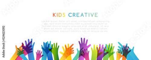Colorful children hands up. Horizontal border. Kids creative conceptual vector illustration.