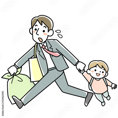 出勤時に急いでゴミを出してから子どもを保育所に送る若い父親