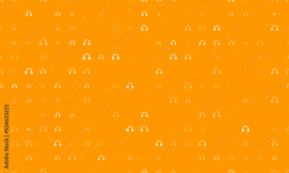 Seamless background pattern of evenly spaced white headphones symbols of different sizes and opacity. Vector illustration on orange background with stars Seamless background pattern of evenly spaced white headphones symbols of different sizes and opacity. Vector illustration on orange background with stars