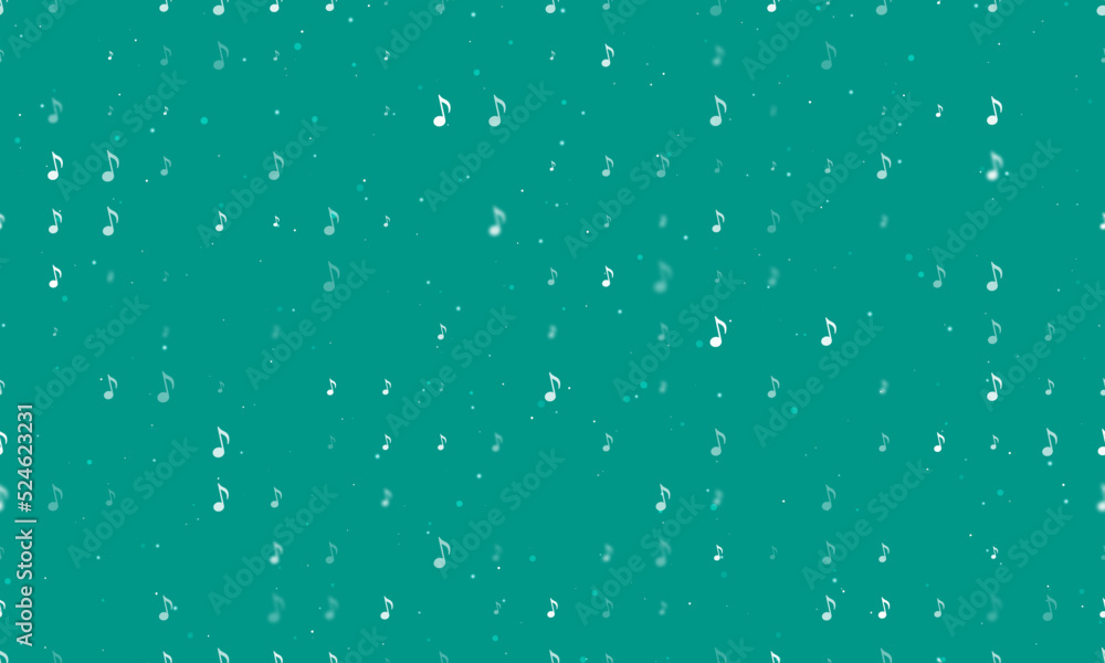 Seamless background pattern of evenly spaced white musical note symbols of different sizes and opacity. Vector illustration on teal background with stars