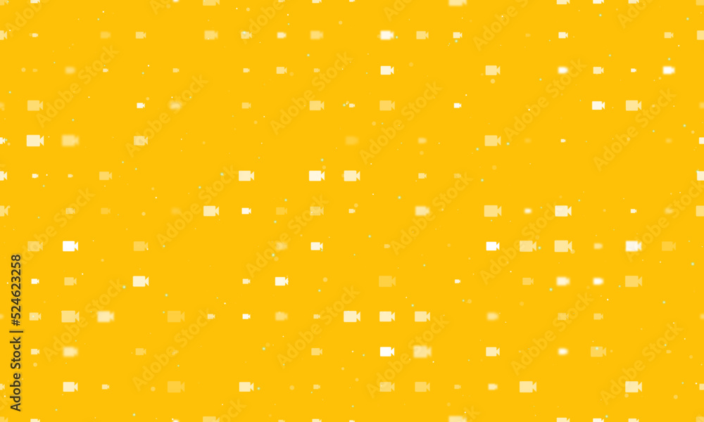 Seamless background pattern of evenly spaced white video camera symbols of different sizes and opacity. Vector illustration on amber background with stars