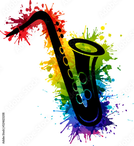 Creative rainbow musical illustration. Vector decoration element with black saxophone silhouette and rainbow paint splashes