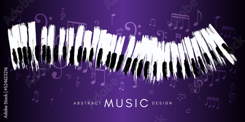 Piano concert poster. Music conceptual illustration. Abstract style violet background with hand drawn piano keyboard and notes.