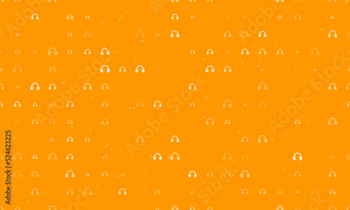 Seamless background pattern of evenly spaced white headphones symbols of different sizes and opacity. Vector illustration on orange background with stars
