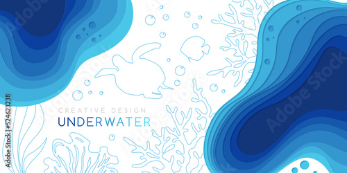 Underwater banner. Vector background with reef landscape. Corals, fish, polyps, shellfish and seaweeds and other sea wildlife.