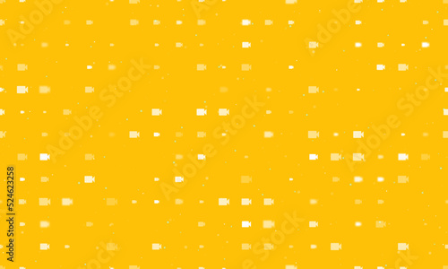 Seamless background pattern of evenly spaced white video camera symbols of different sizes and opacity. Vector illustration on amber background with stars