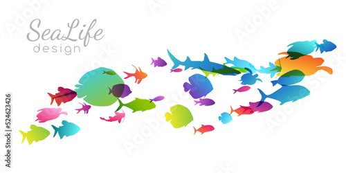 Colony of swiming sea or aquarium colorful fishes. Group of color silhouettes . Collection of isolated vector decoration.