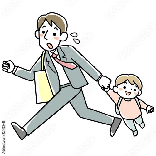 出勤時に急いで子どもを保育所に送る若い父親
