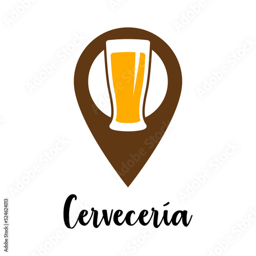 Logotipo con texto manuscrito Cervecería en español con silueta de vaso de cerveza en puntero de posición en varios colores