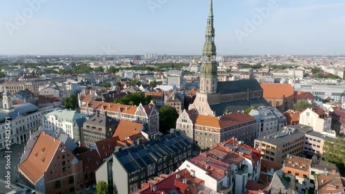 Beautiful aerial view of Riga city, the capital of Latvia. Aerial view of the St. Peter's Church in the center of the old town.