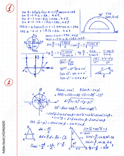 Vintage education and scientific background. Math law theory and mathematical formula, equation and scheme on workbook. Vector hand-drawn set.