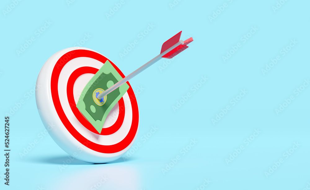 3d white red target with darts or arrow, dollar banknote money isolated on blue background. business goal concept, 3d render illustration, clipping path 3d white red target with darts or arrow, dollar banknote money isolated on blue background. business goal concept, 3d render illustration, clipping path