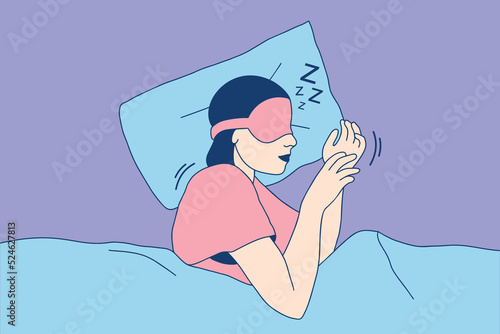 Illustrations of Beautiful Young girl with sleep mask taking a nap in the bed