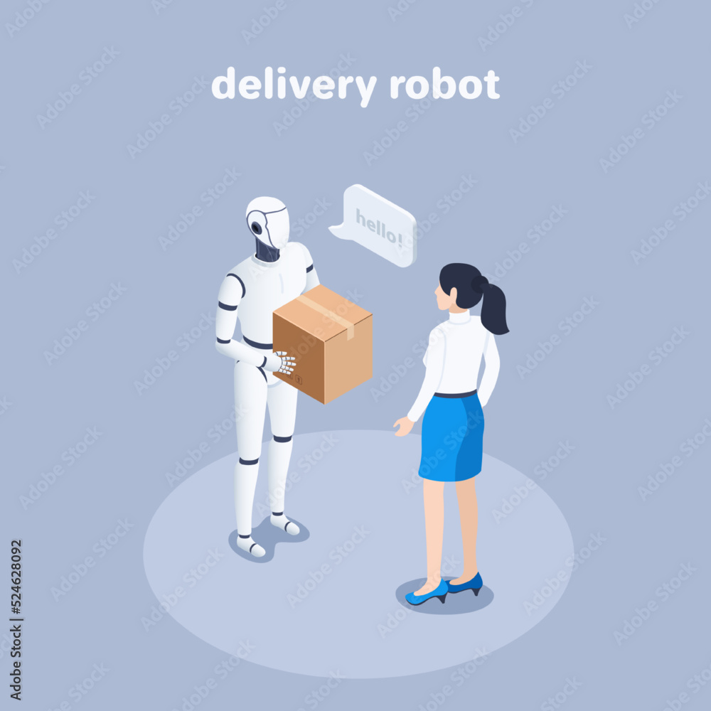 isometric vector illustration on a gray background, a robot with a box stands in front of a woman, a delivery robot or a worker of the future isometric vector illustration on a gray background, a robot with a box stands in front of a woman, a delivery robot or a worker of the future