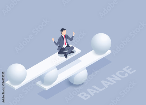 isometric vector illustration on a gray background, a man in a business suit in a lotus position sits on a balancing structure of balls and flat rectangles, achieving internal balance