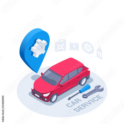 isometric vector illustration on white background, red passenger car near blue location icon with gear and text car service with answer and wrench, car repair station