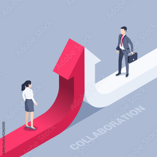 isometric vector illustration on a gray background, two connecting arrows in red and white, a man and a woman in business clothes, a collaboration to achieve better results