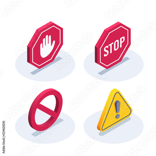 isometric vector illustration on a white background, a set of prohibition icons in the form of road signs, triangular and round shapes and octagonal