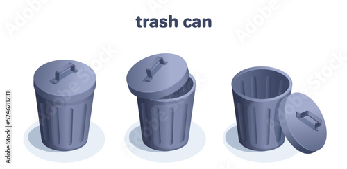 isometric vector illustration isolated on white background, metal trash can icon with lid