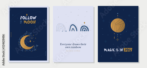 Collection of creative mystical moon cards with lunar symbols  cosmic elements and magical quotes