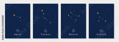 Collection of creative mystical moon cards with with constellations and signs of the zodiac